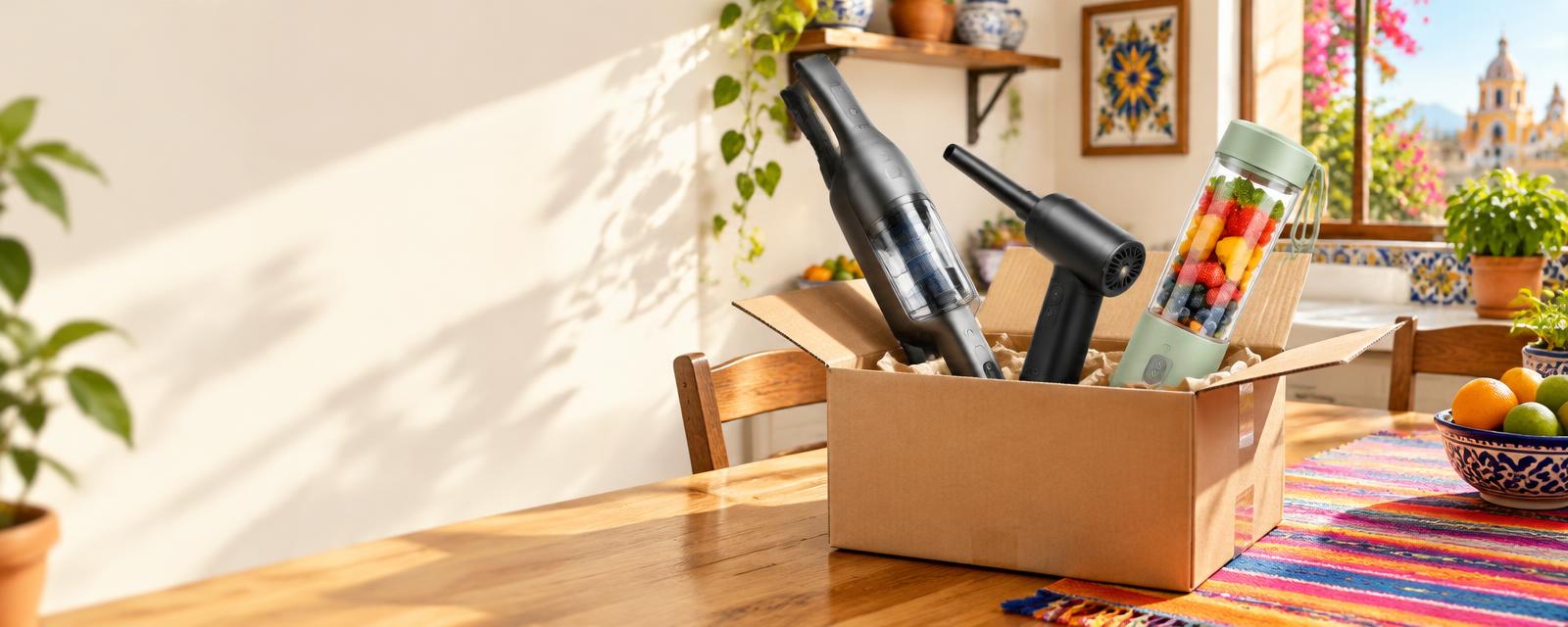 Caja de envío con aspiradora, soplador y licuadora portátil